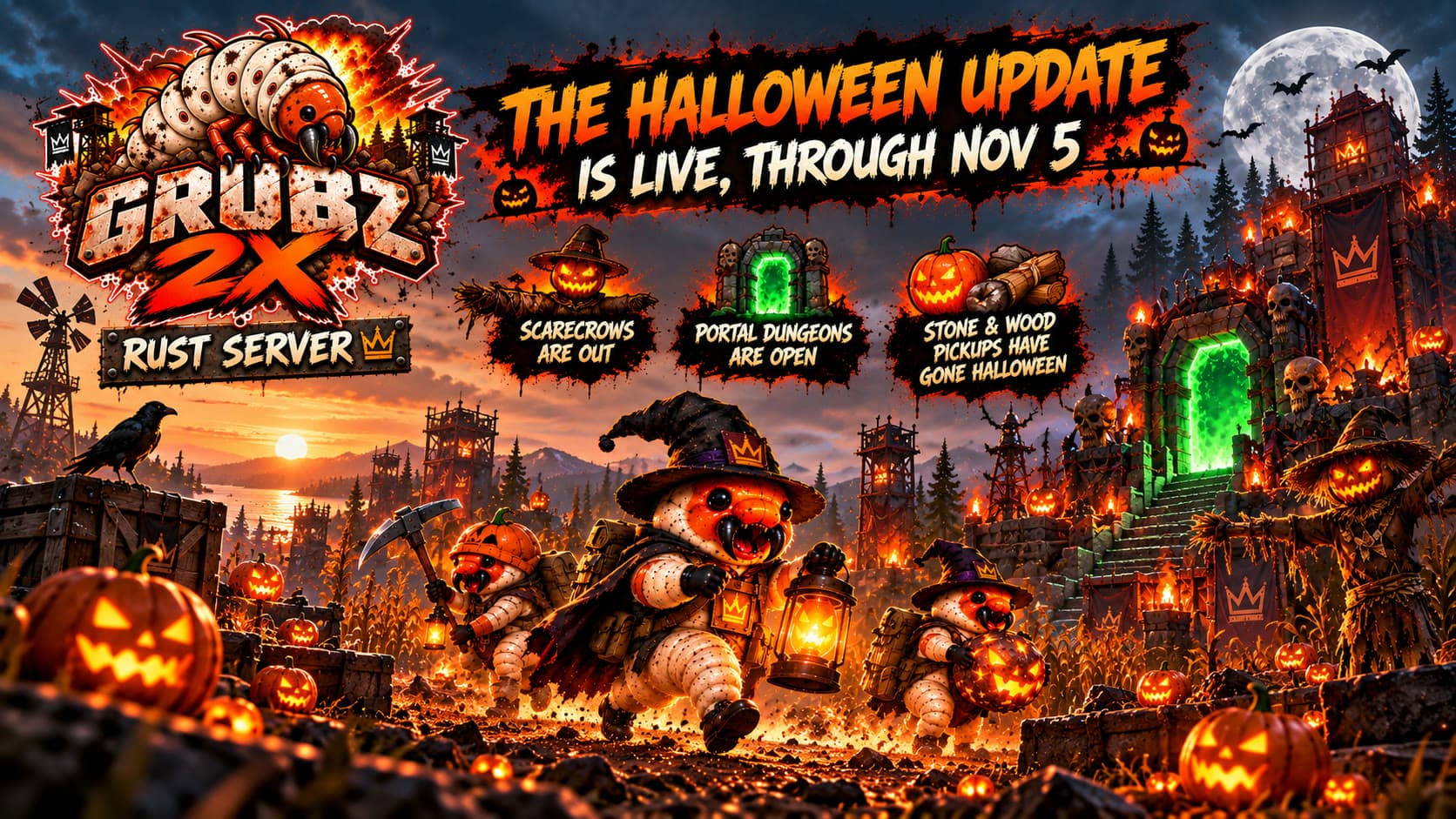 The Halloween update is live through Nov 5: scarecrows are out, portal dungeons are open, stone and wood pickups have gone Halloween